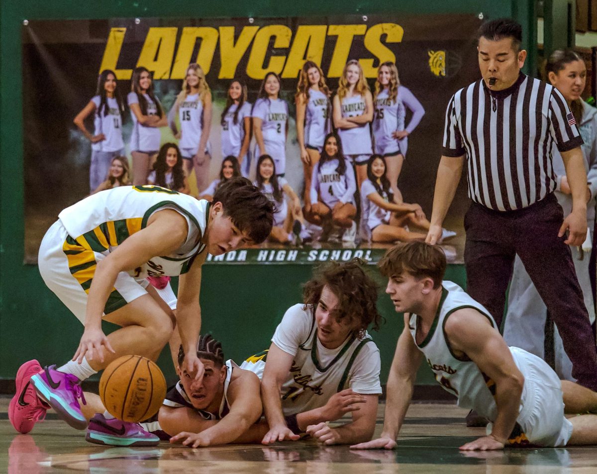 Chang, Haluska, and Tracey scramble for loose ball.