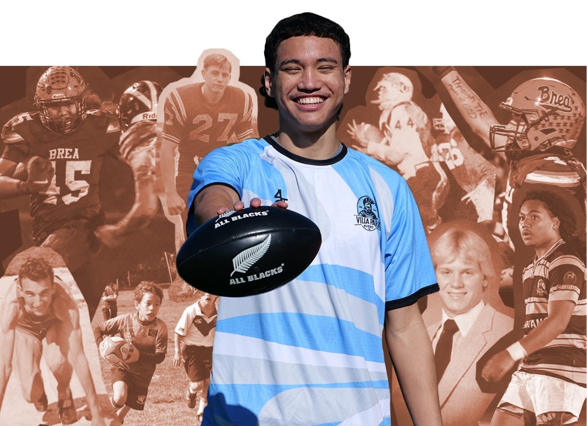 Dalton Tagaloa ('26) and a collage of family members, including great-grandfather Glen Connelly (‘41), grandfather John Hutcherson ('68), uncle Greg Hutcherson (‘85), and cousin Kolo Liti (‘26).