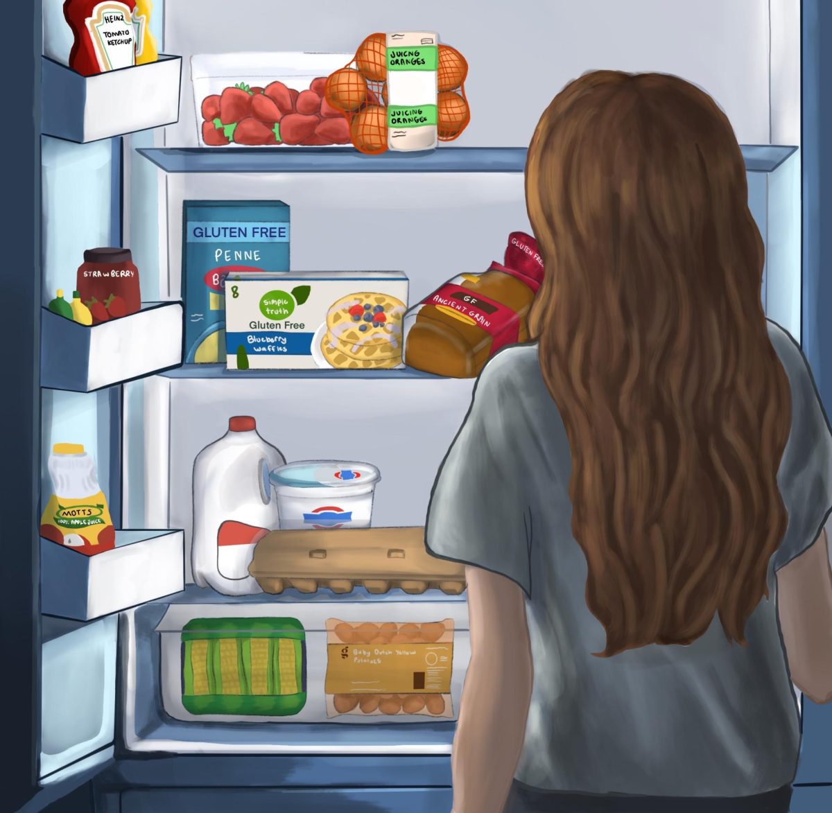 A fridge stocked with gluten-free foods, a common sight for those afflicted with celiac disease.