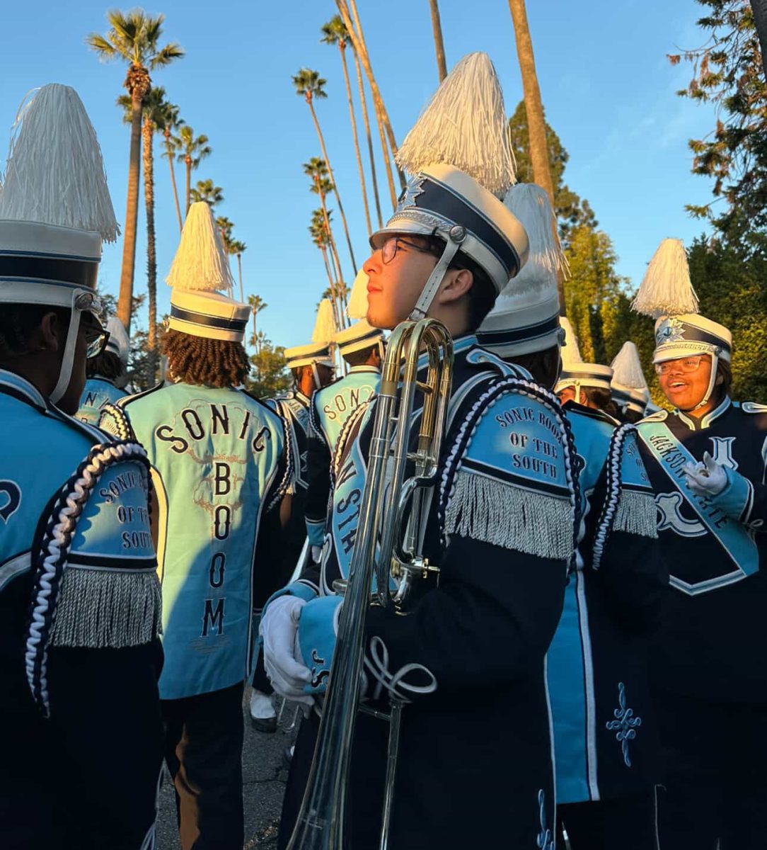 Adrian Sanchez ('24), with the Sonic Boom of the South, prior to a performance at the 2025 Rose Parade in Pasadena. (Courtesy of Adrian Sanchez)