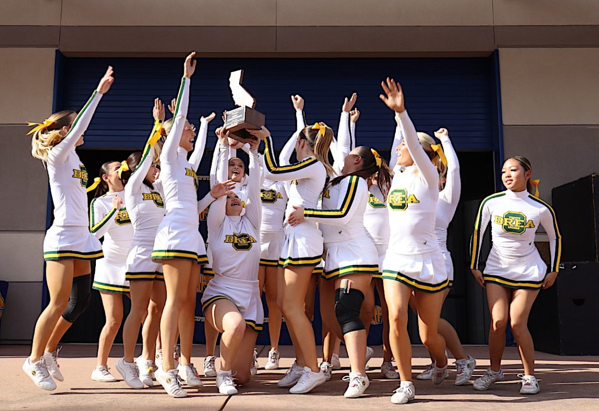 Varsity cheer celebrates their State Runner-Up title at the CIF State Championships in Folsom, Jan. 31. (Photo courtesy of Julie Mullings)