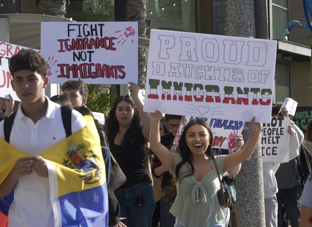 Destiny Covarrubias (‘26) marches with the crowd of BOHS student protesters making their way to the Brea Civic Center Feb. 6.