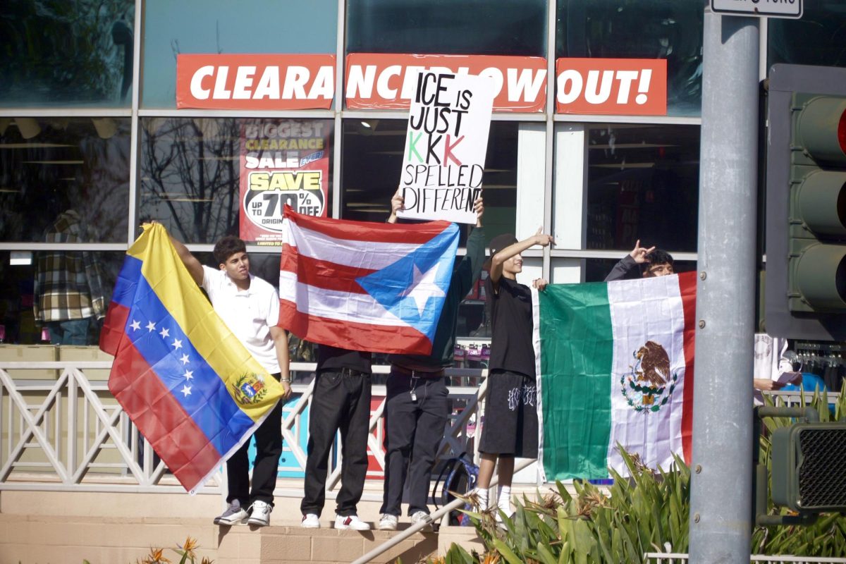 A group of BOHS students stand outside the Big 5 store located across from the Brea Civic Center while holding flags of Venezuela, Puerto Rico, and Mexico as they protest against ICE. 