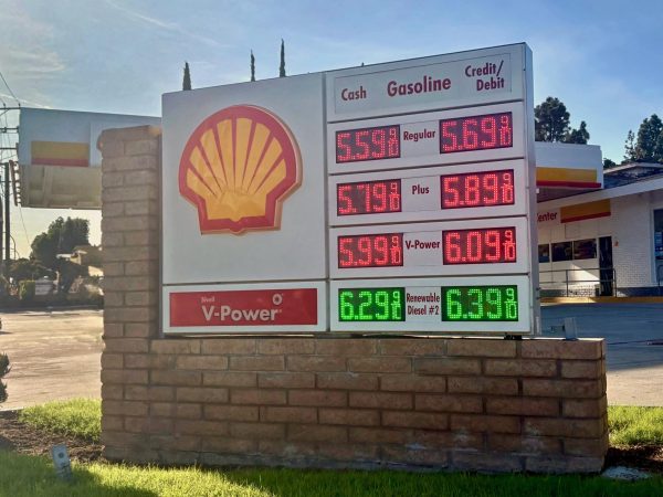 Regular gas climbs to $5.69 per gallon at a Brea Shell station, reflecting the rising fuel costs across the globe as result of war between the U.S. and Iran. 