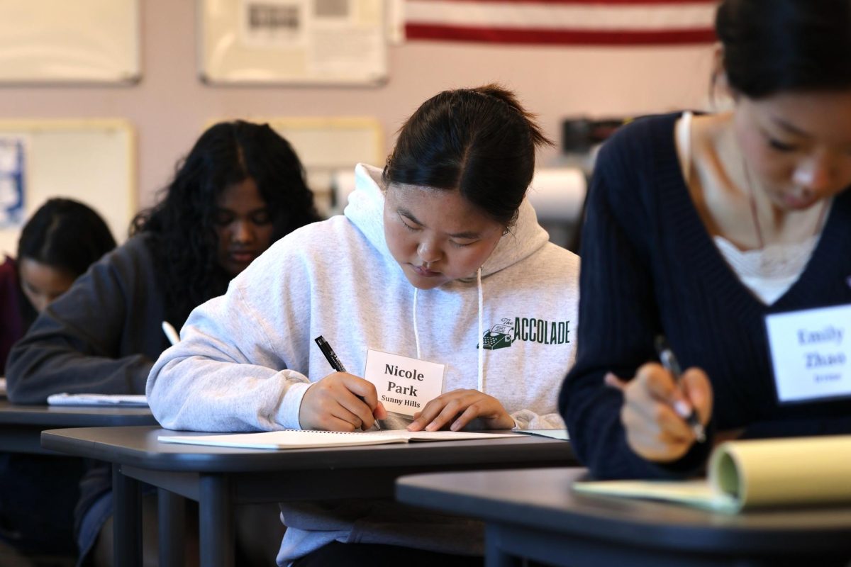 Nicole Park ('26), a student journalist from Sunny Hills High School, competes in the Orange County Journalism Education Association (OCJEA) Write-Off at Northwood High School Feb. 21. 