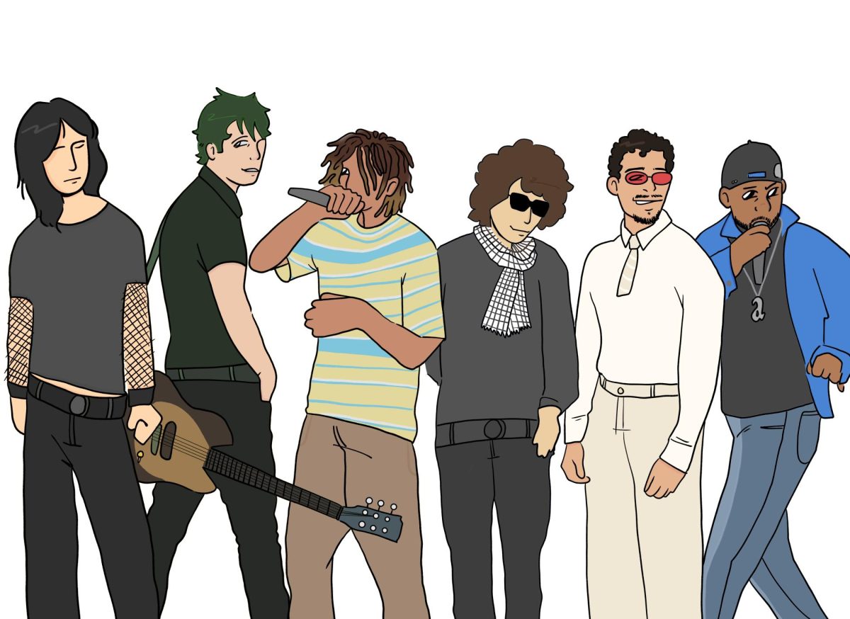 From left to right, artists whose music bravely "fights the powers that be" : Trent Reznor, Green Day's Billie Joe Armstrong, Rage Against the Machine's Zack de la Rocha, Bob Dylan, Bad Bunny, and Kendrick Lamar