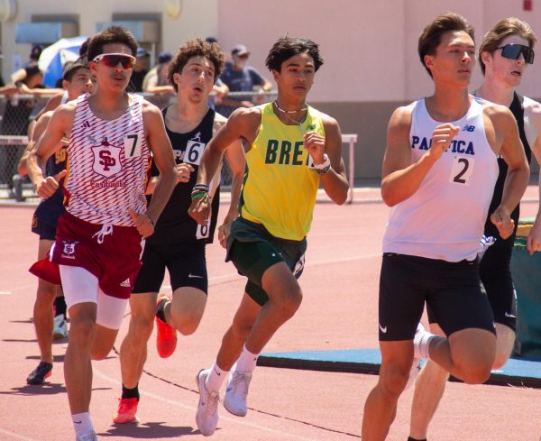 Taj Aragon ('26) competes in the 800-meter race at CIF-SS prelims at Yorba Linda High School May 9. Aragon finished 11th with a time of 1:57.20, a personal best.