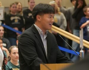 Grant Ahn ('27) introduces himself at the May 14 BOUSD board meeting. Ahn will begin his term as the 2026-2027 BOUSD Student Board Member, Aug. 20.